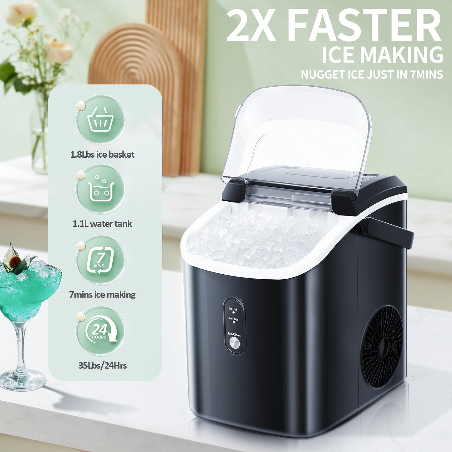 Ice Makers Countertop with Self-Cleaning, 9 Ice Cubes in 6Mins, 26.5lbs/24Hrs, Portable Ice Maker with Ice Scoop/Basket for Kitchen/Home/Bar, Black