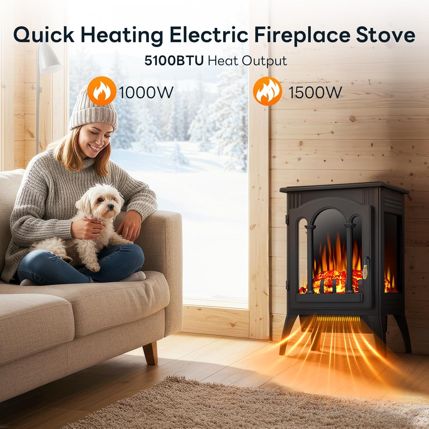 ZAFRO Electric Fireplace Stove, Freestanding Electric Fireplace Heater with Adjustable Flame Brightness, Overheating Protection, 1000W/1500W, for Living Room, Bedroom