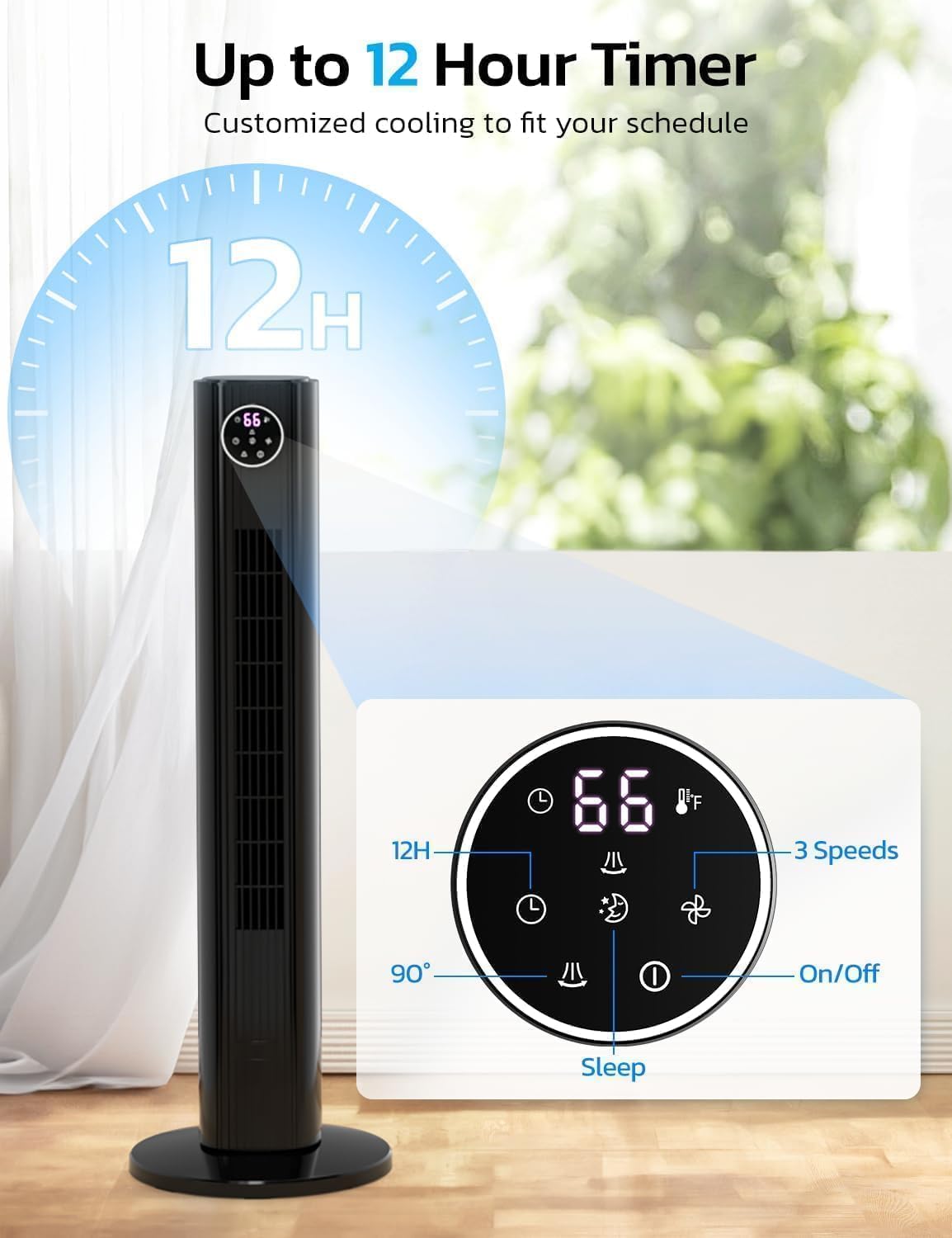 ZAFRO 36-Inch Oscillating Tower Fan with 4 Modes, 3 Speeds & 12H Timer