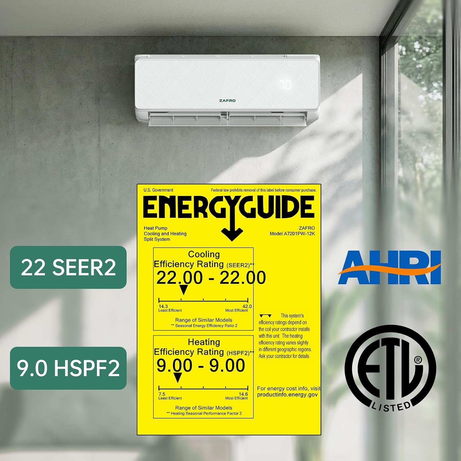 ZAFRO 12,000 BTU WiFi Mini Spilt Air Conditioner with Heat Pump, 22 SEER2, 115V