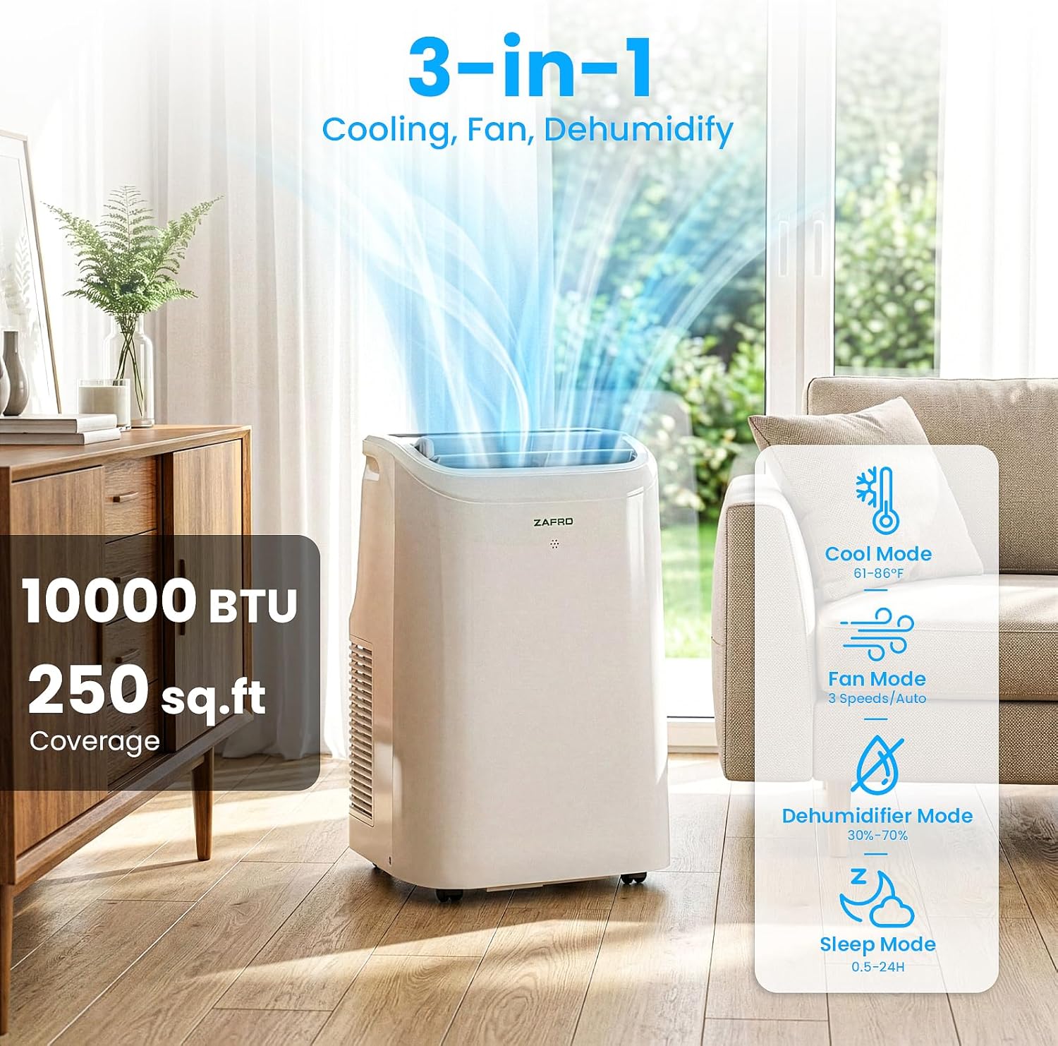 ZAFRO 10,000 BTU (6,000 BTU SACC) Smart Portable Air Conditioner Cools Up To 250 sq. ft.