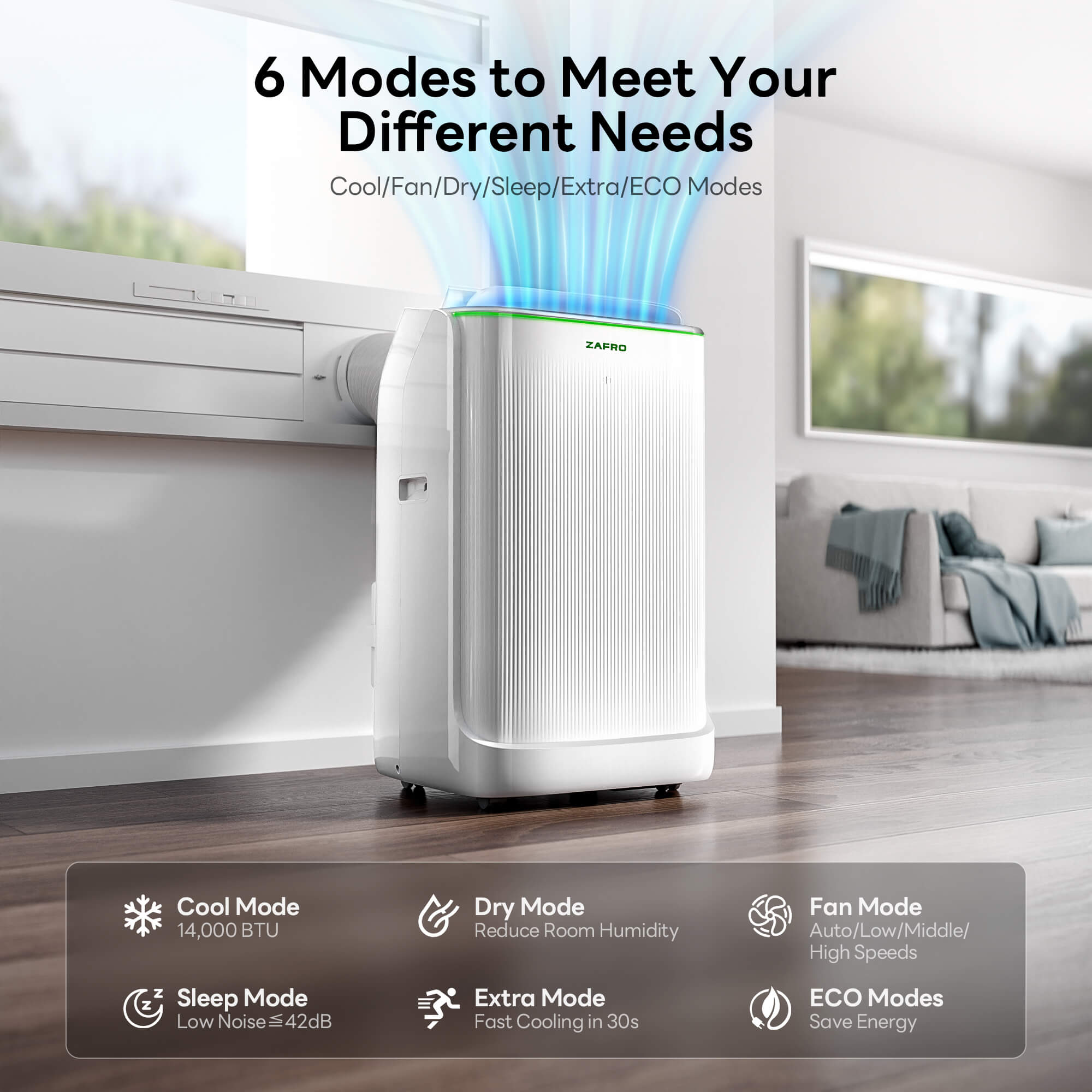 ZAFRO 14,000 BTU Dual Hose Inverter Smart WiFi Portable Air Conditioner Cools Up To 500 sq. ft.