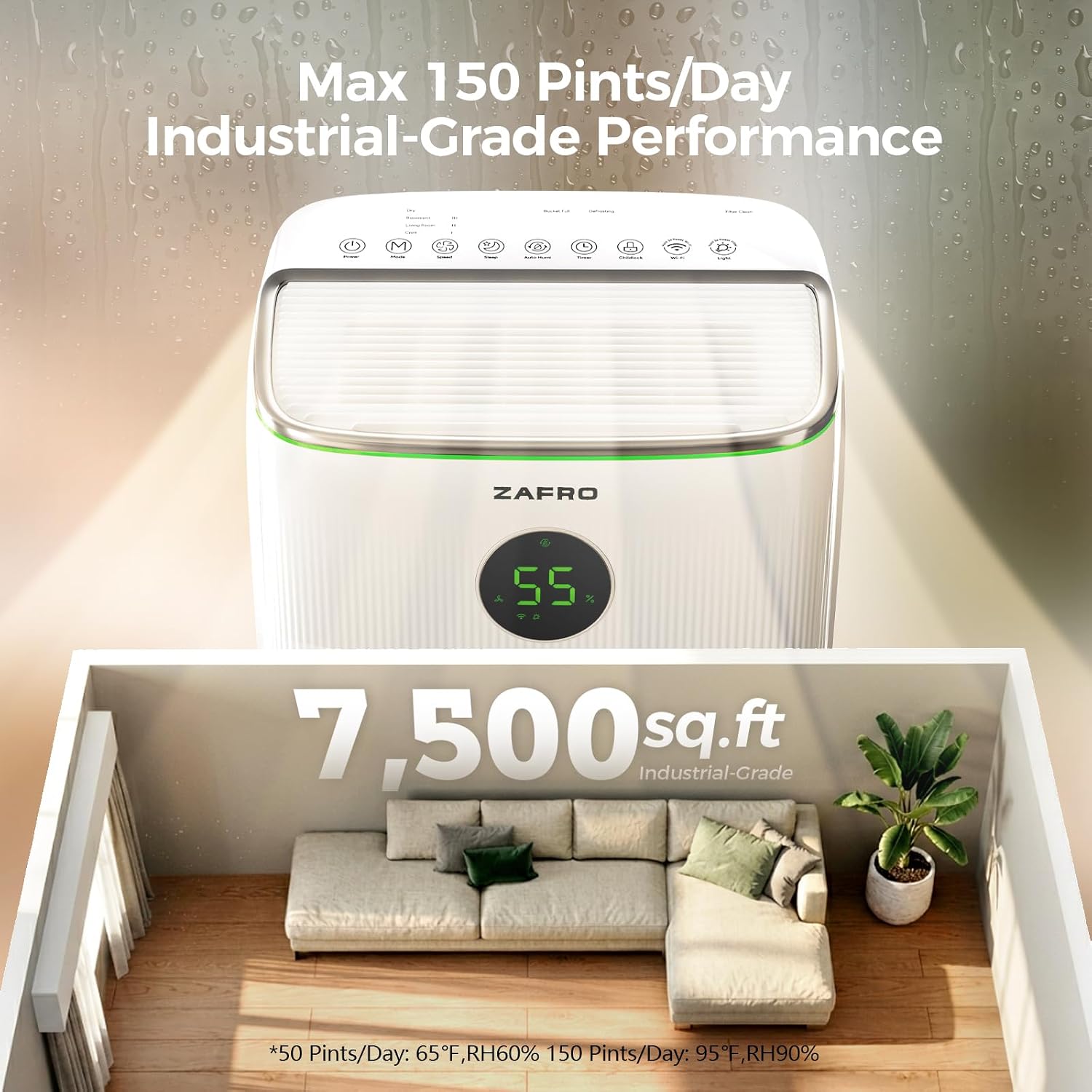 ZAFRO 150 Pint Smart Dehumidifier with Drain Hose, ENERGY STAR® Most Efficient 2025, Covers Up to 7,500 sq. ft.