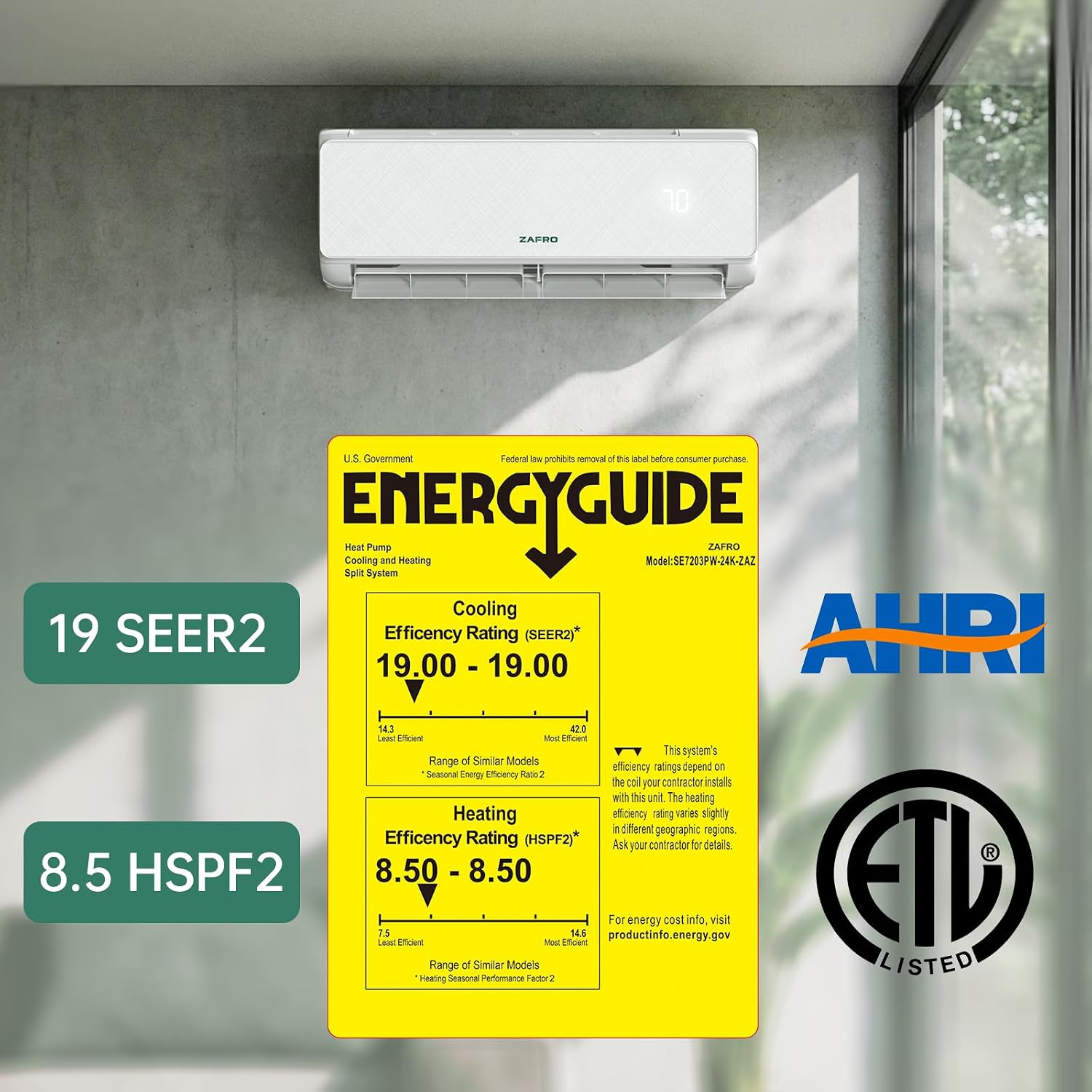 ZAFRO 24,000 BTU WiFi Mini Split Air Conditioner with Heat Pump, 19 SEER2, 208~230V