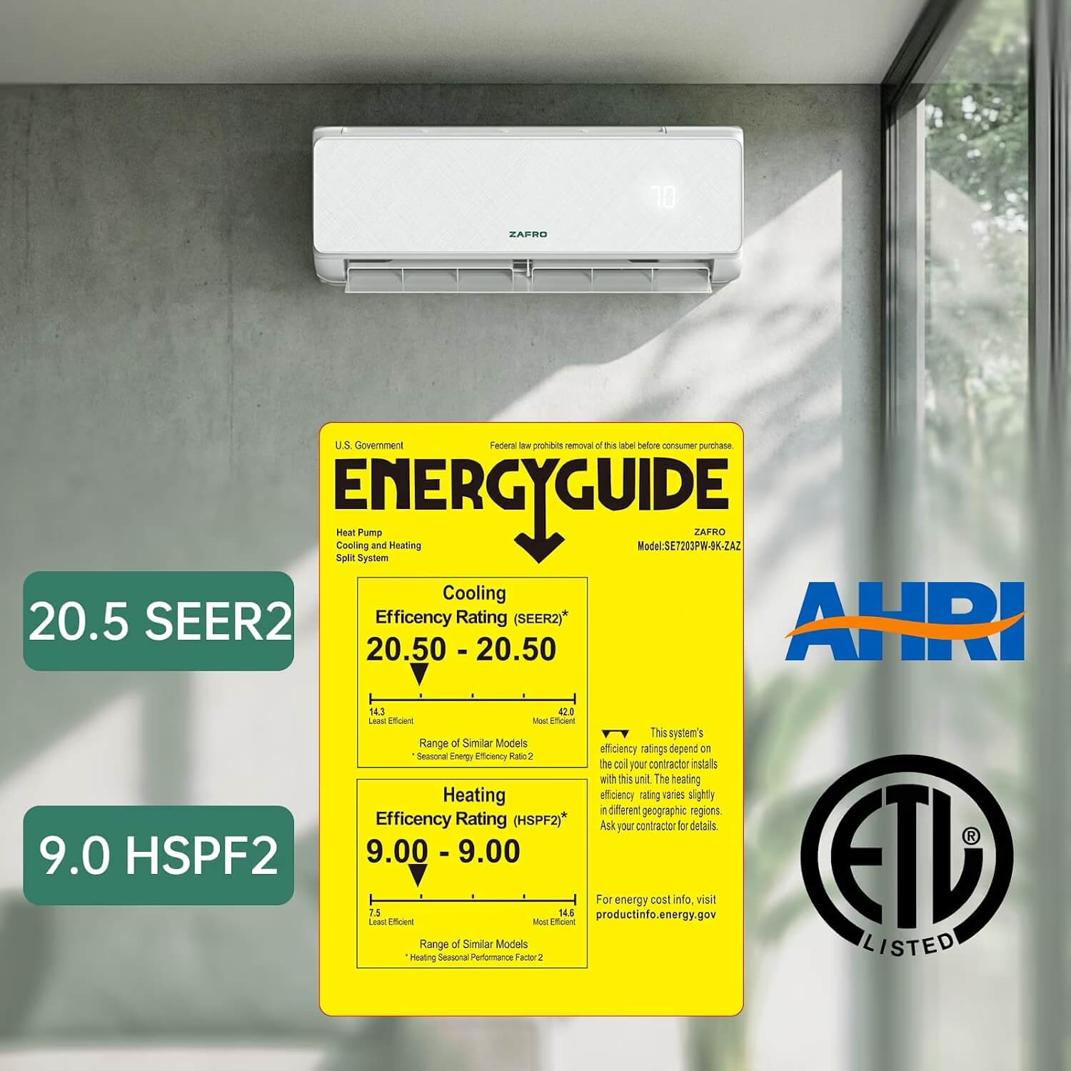 ZAFRO 9,000 BTU WiFi Mini Split Air Conditioner with Heat Pump, 20.5 SEER2, 115V